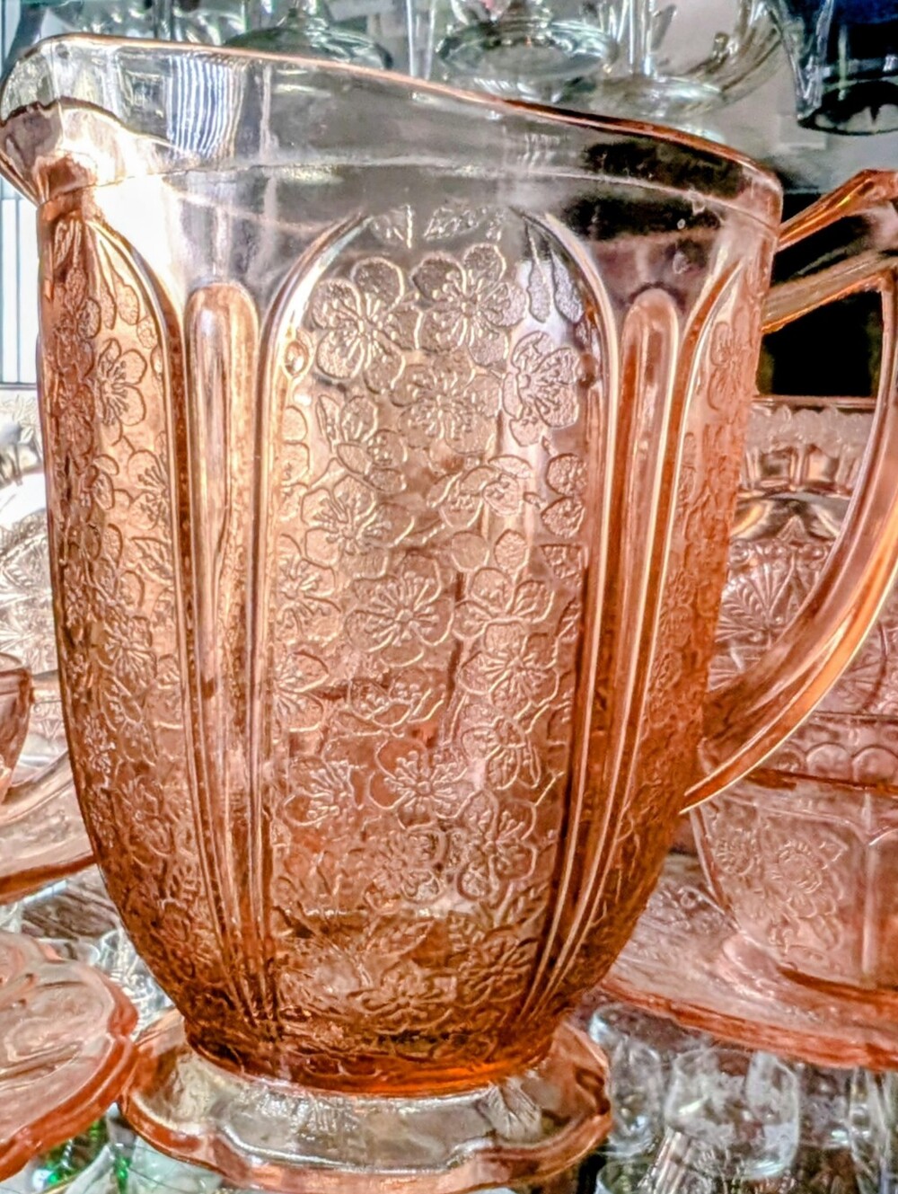 Pink Pressed Glass Floral Pitcher with Handle - Home Dining
